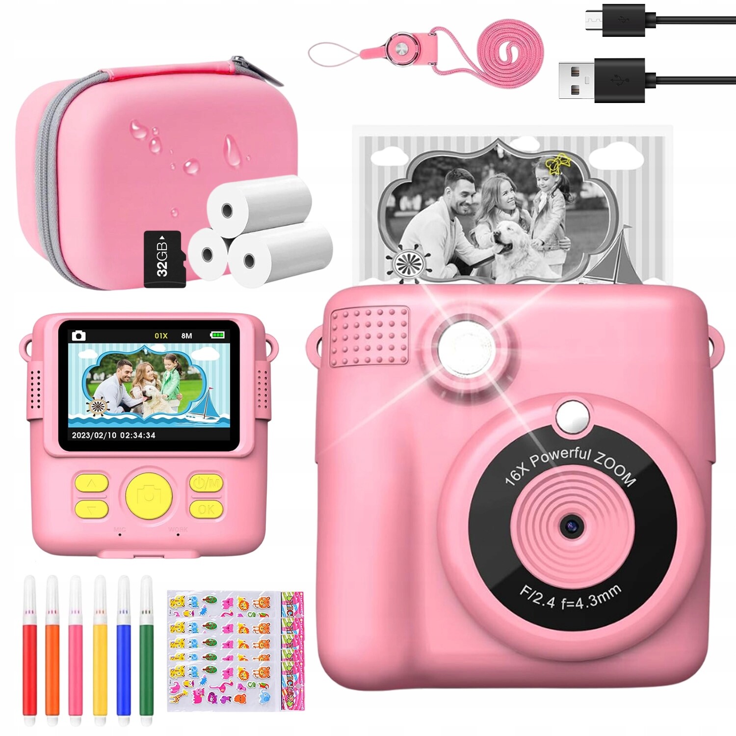 Fotoaparát pro děti s tiskárnou v fialové barvě