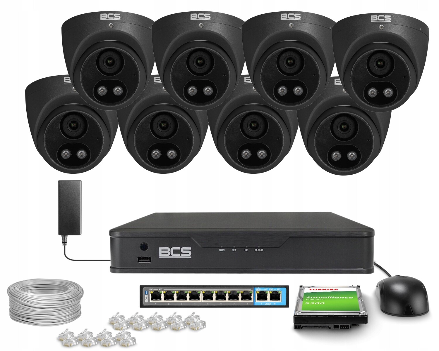 Sada pro monitorování Ip 8x BCS-P-EIP25FSR3L2-AI2-G 5Mpx Ir 30 m Wdr Ai