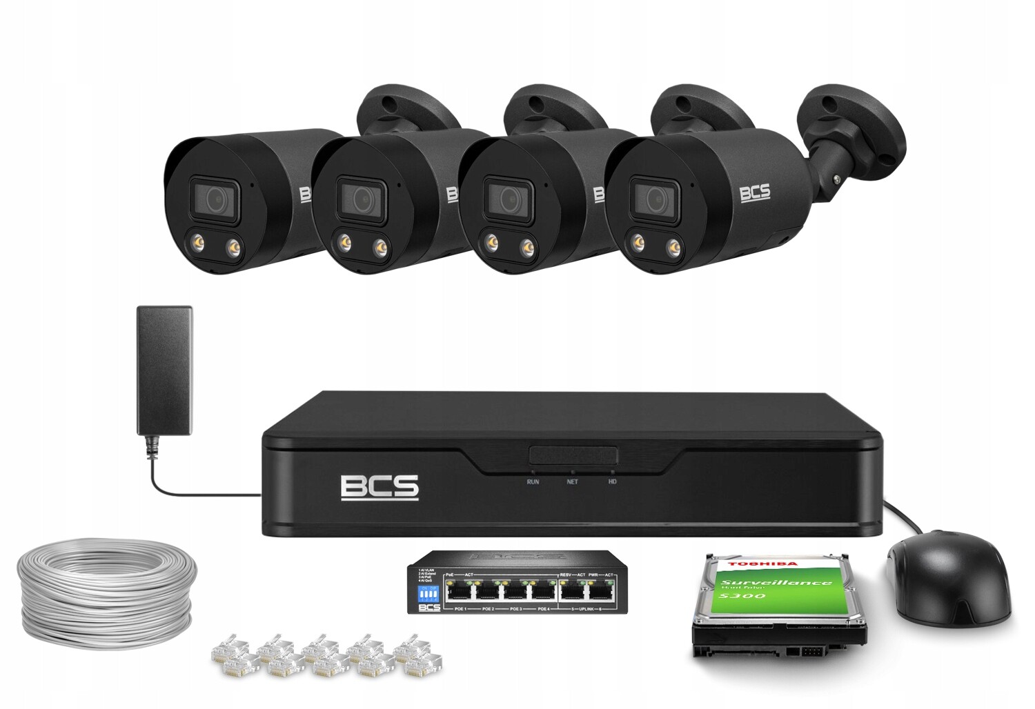 Sada pro monitorování Ip 4x BCS-P-TIP25FSR3L2-AI2-G 5Mpx Ir 30 m bílé světlo