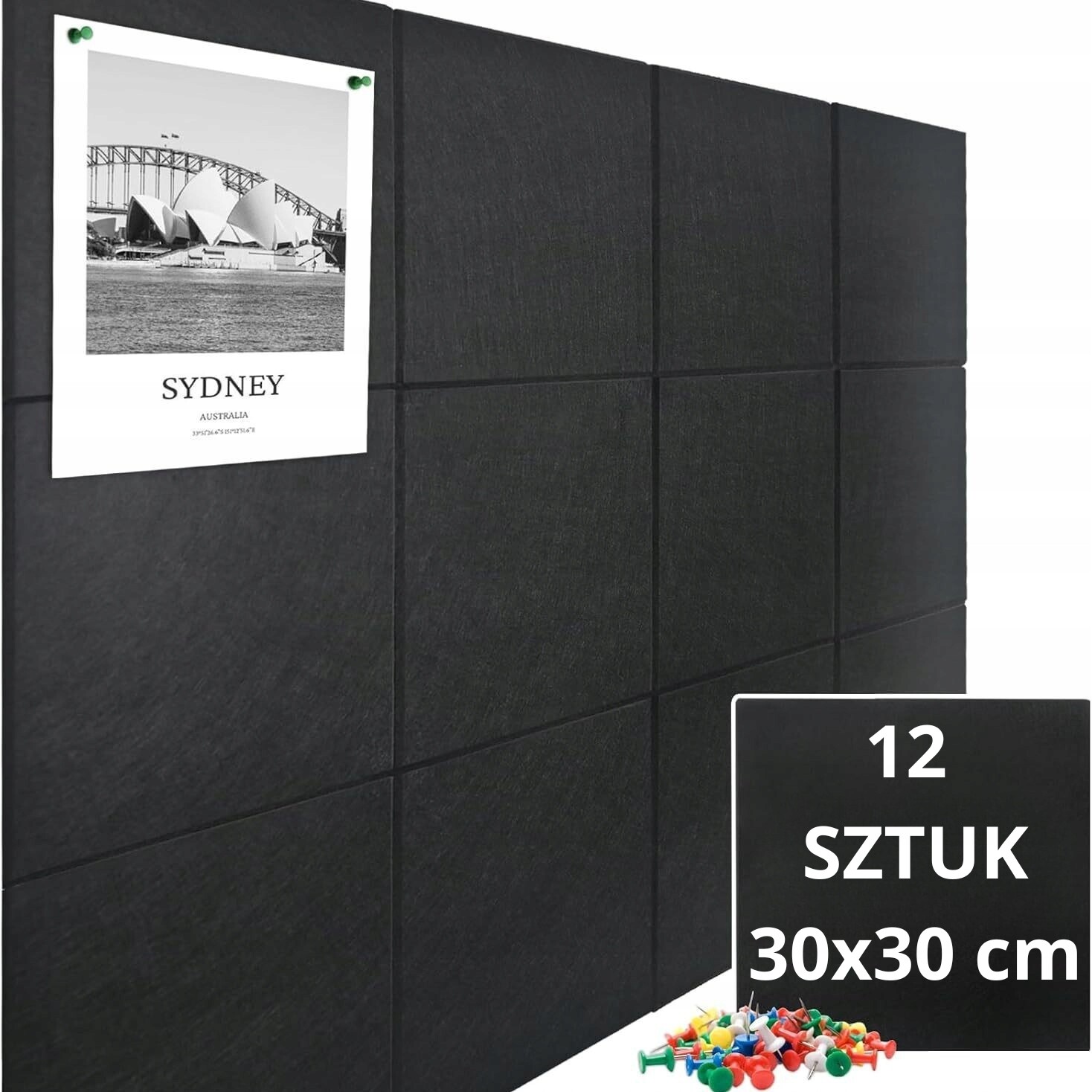 Akustické plstěné panely černé, samolepicí, sada 12 Ks kolíčky