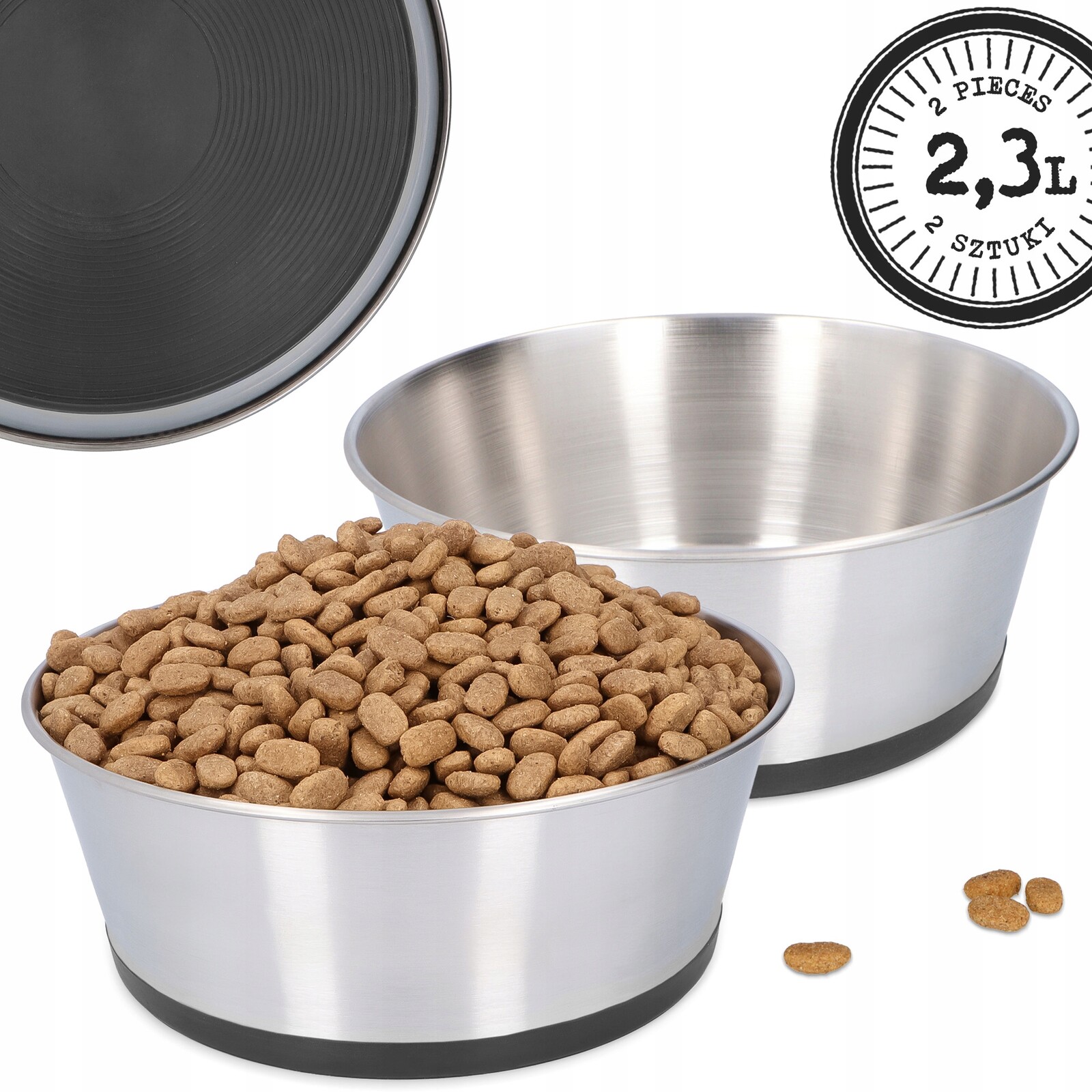 2x Velká Miska Pro Psa 2,3 l Kovová Dvojitá Nerezová ocel Protiskluzová 4D