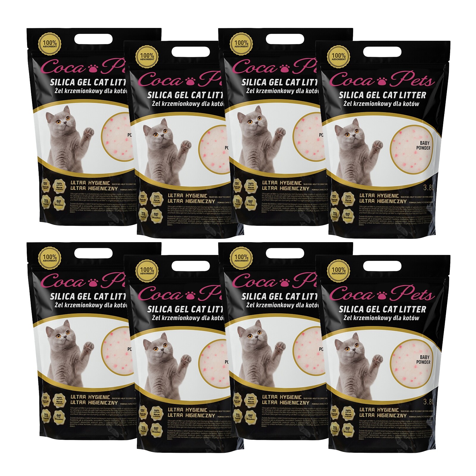 Silikonové Stelivo Pro Kočky Jemný bezprašný Set 8 x balení 12 kg 30,4 l