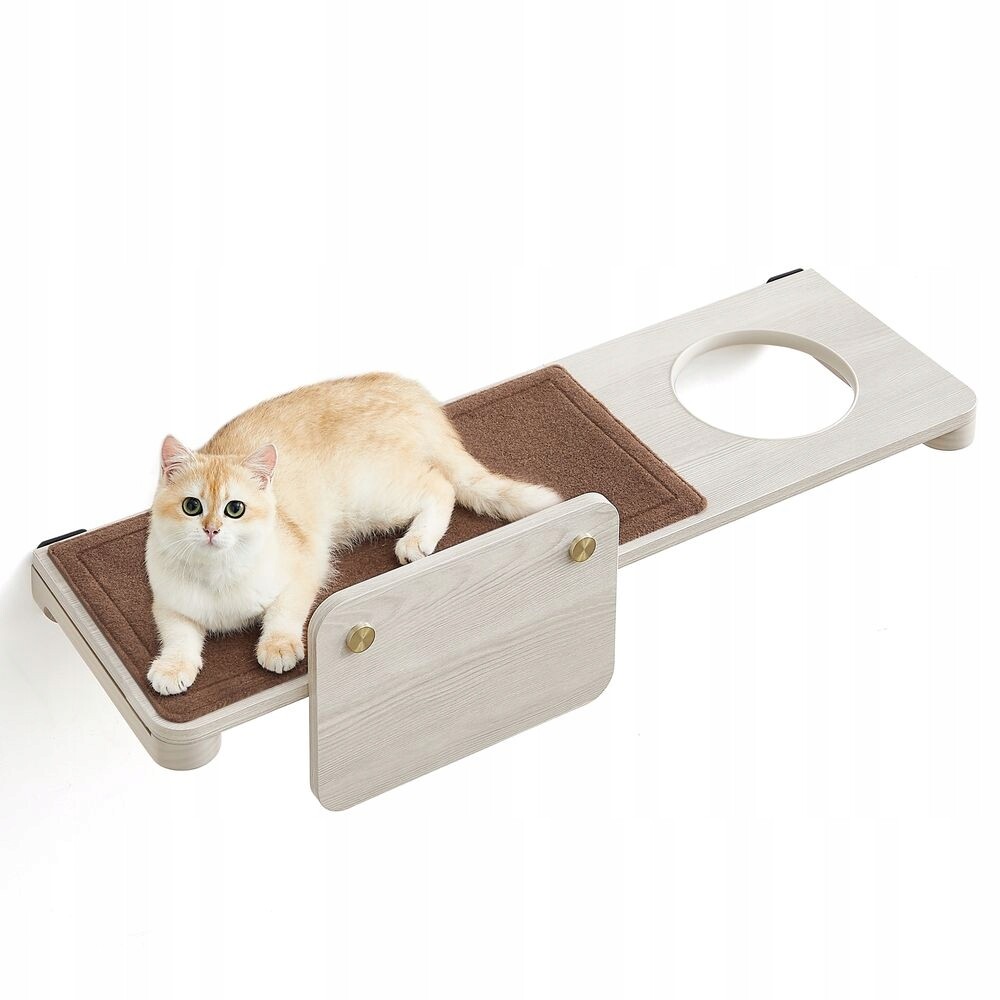 Velká a pevná police pro kočky, montovaná na stěnu, s měkkou podložkou, hnědá barva