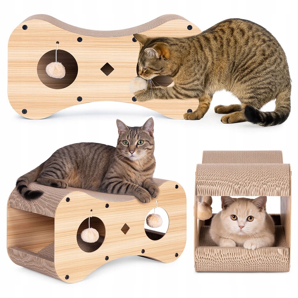 Kartonové škrabadlo pro kočky, budka, kartonový domeček, pelíšek se závěsným čerpadlem