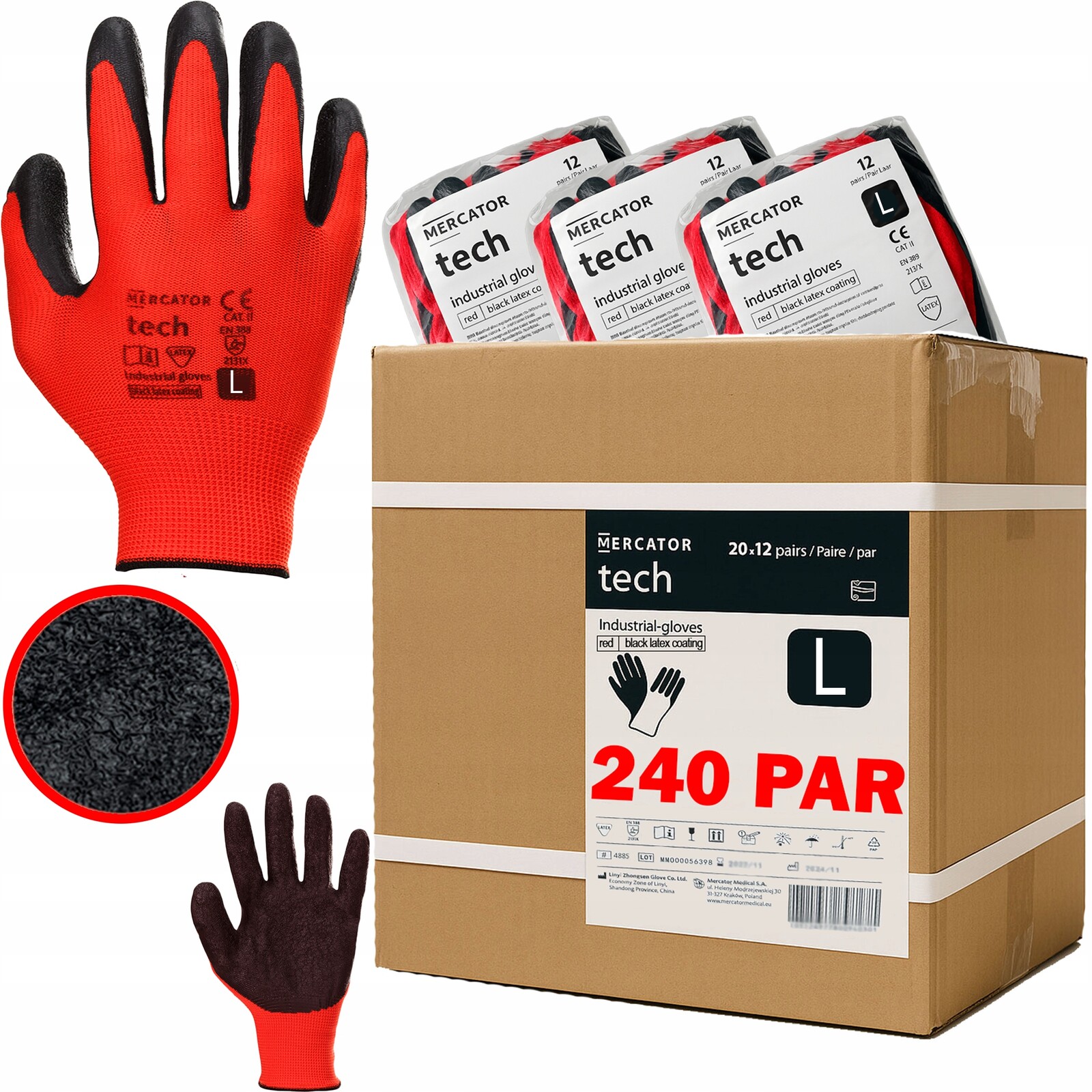 Pracovní Rukavice Latex Red+Black Stahovač Mercator Silné vel. L- 240 párů
