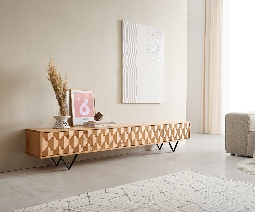 TV stolek Fevo 220 cm přírodní dub 4 dvířka podnož ve tvaru 