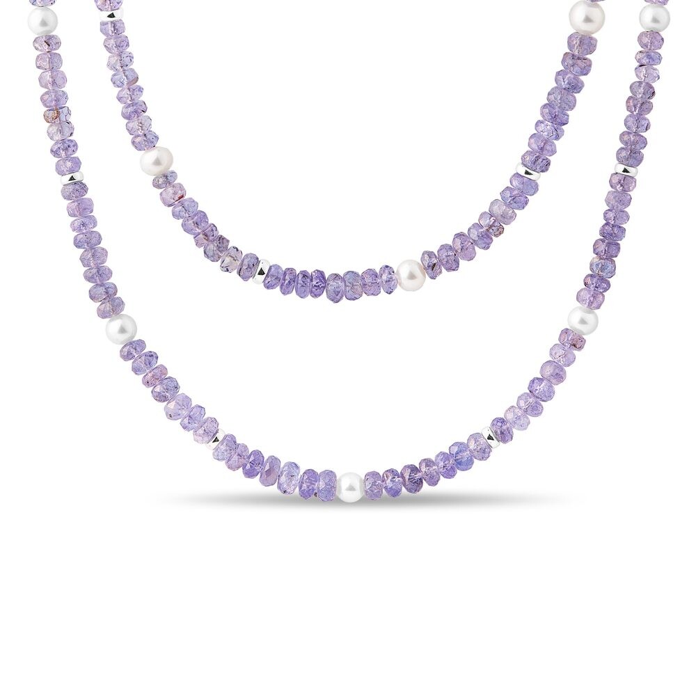 Tanzanitový náhrdelník s perlami v bílém zlatě KLENOTA