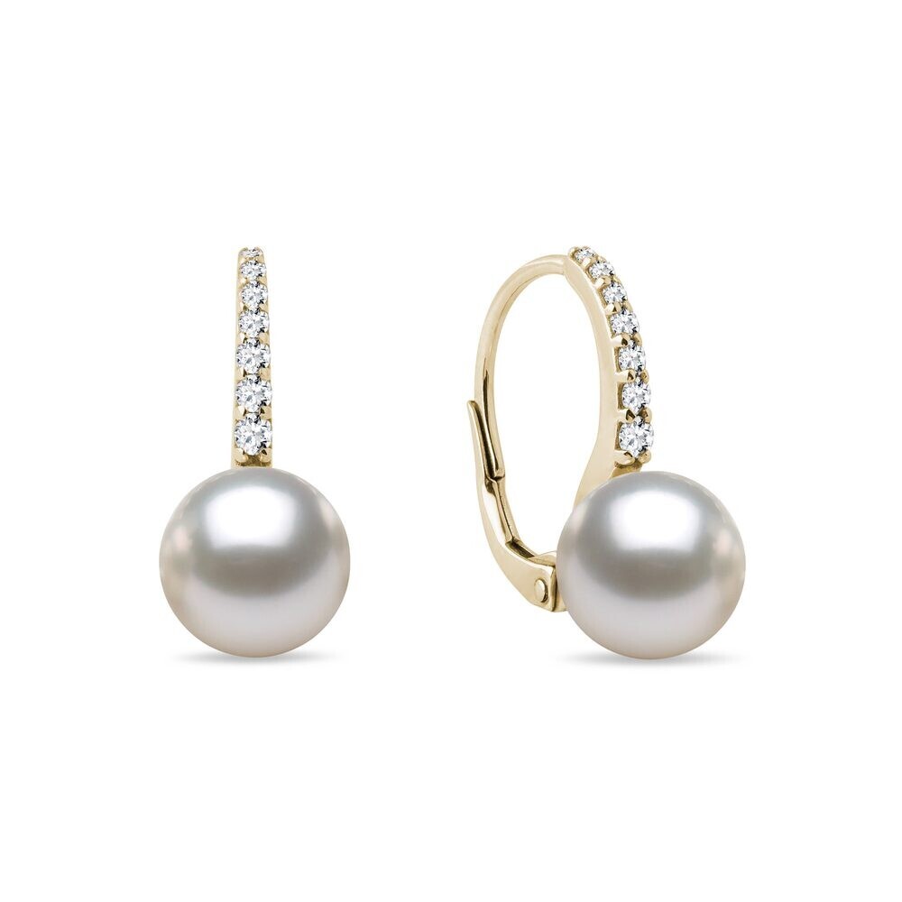 Diamantové náušnice ze žlutého 14k zlata s perlami KLENOTA
