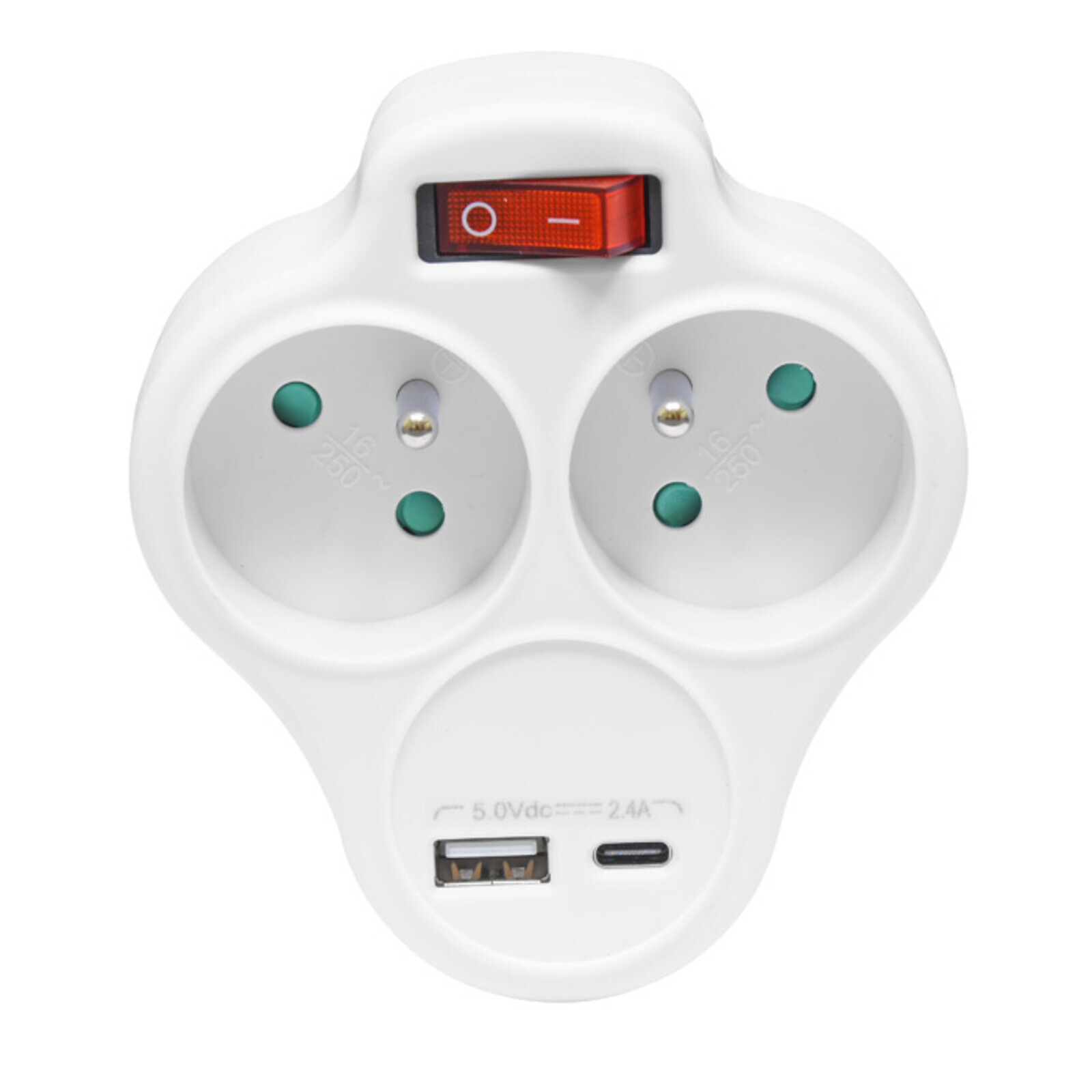 Ecolite 2-zásuvková V rozbočka 1xUSB 1xUSB-C 5V/2,4A vypínač XQFZBK-01/3