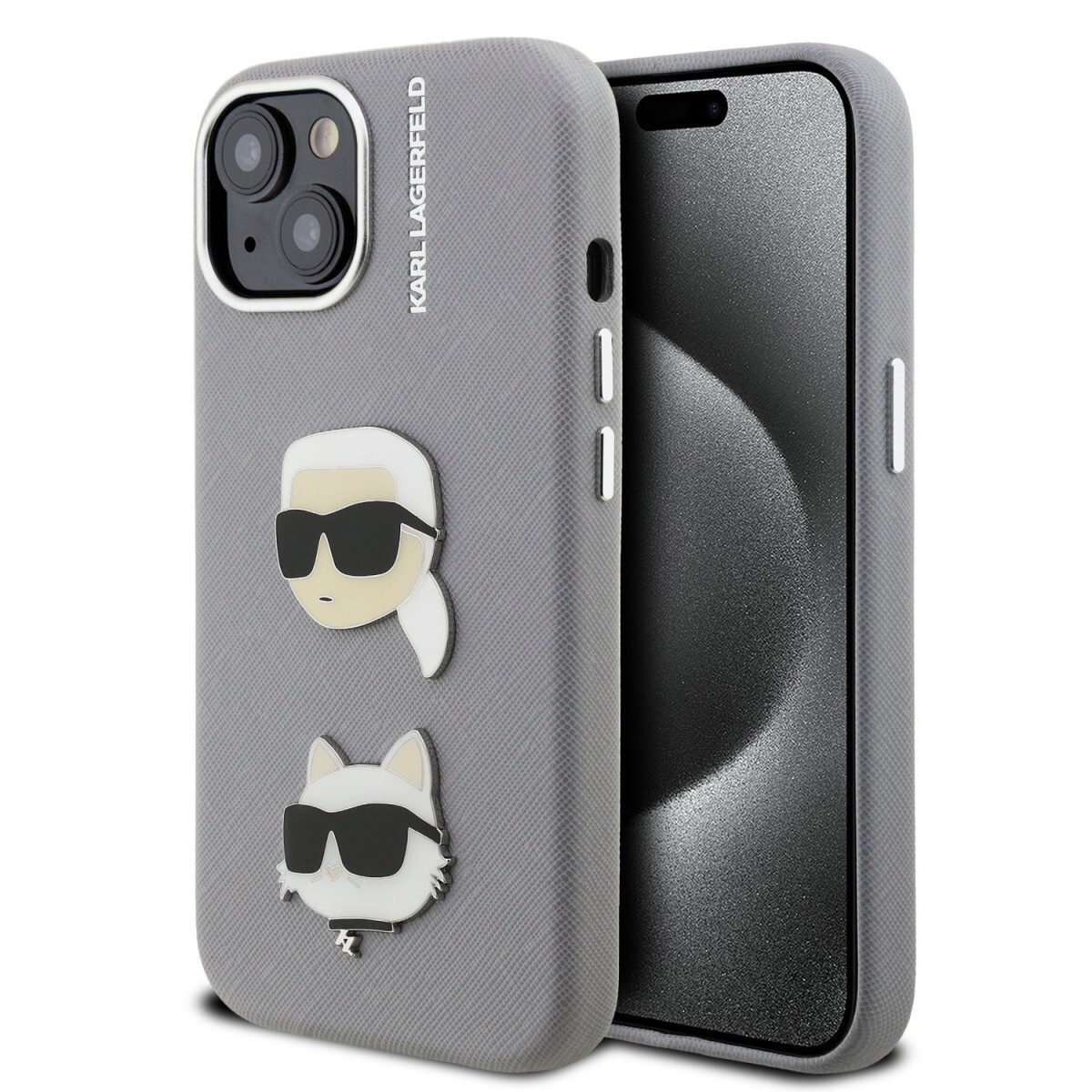 Zadní kryt Karl Lagerfeld Grained PU K&CH Heads pro iPhone 15 Grey