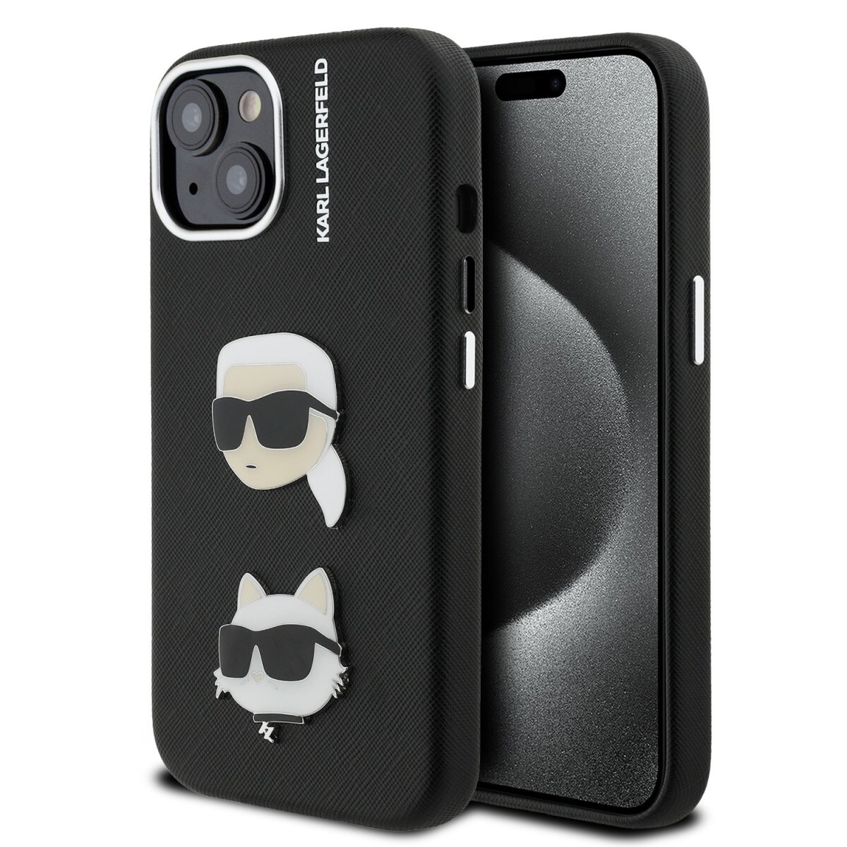 Zadní kryt Karl Lagerfeld Grained PU K&CH Heads pro iPhone 15 Black