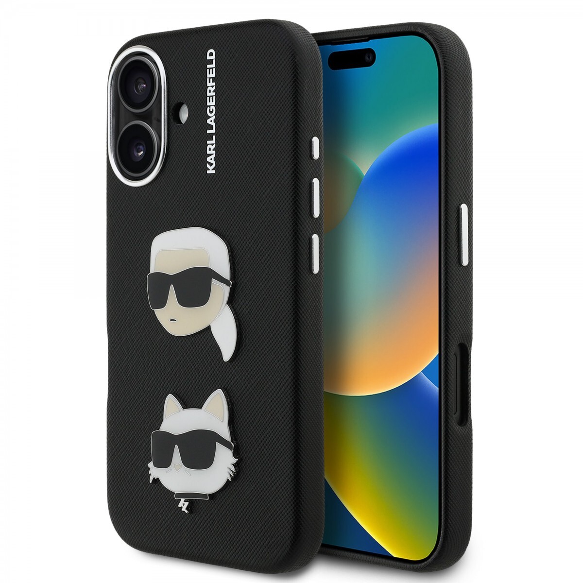 Zadní kryt Karl Lagerfeld Grained PU K&CH Heads pro iPhone 16 Black