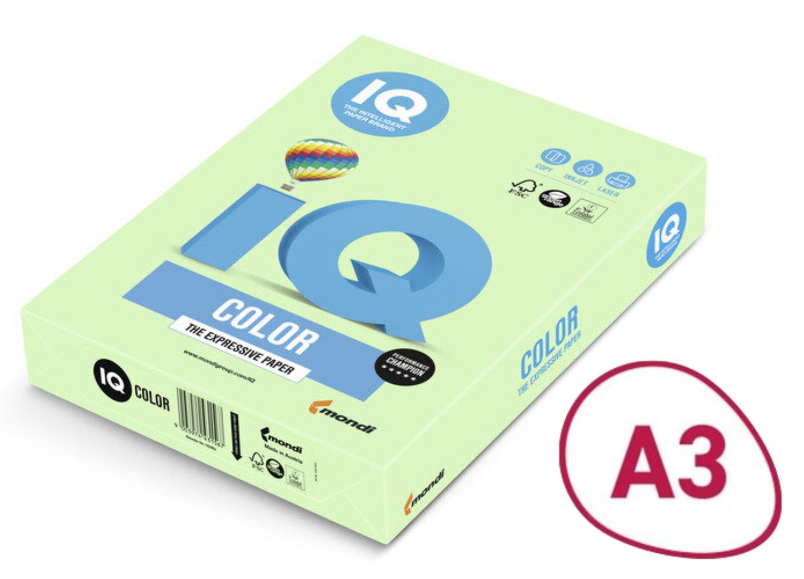 Barevný papír IQ Color A3 - MG28, středně zelený, 80g/m2, 500 listů