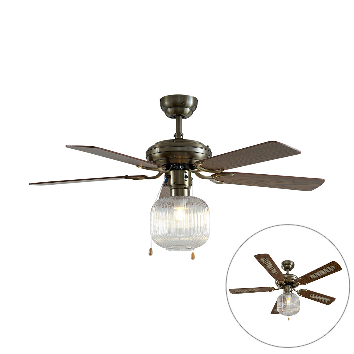 Stropní ventilátor mosaz s dřevem 107,5 cm s tahovým spínačem - Mistral Karel