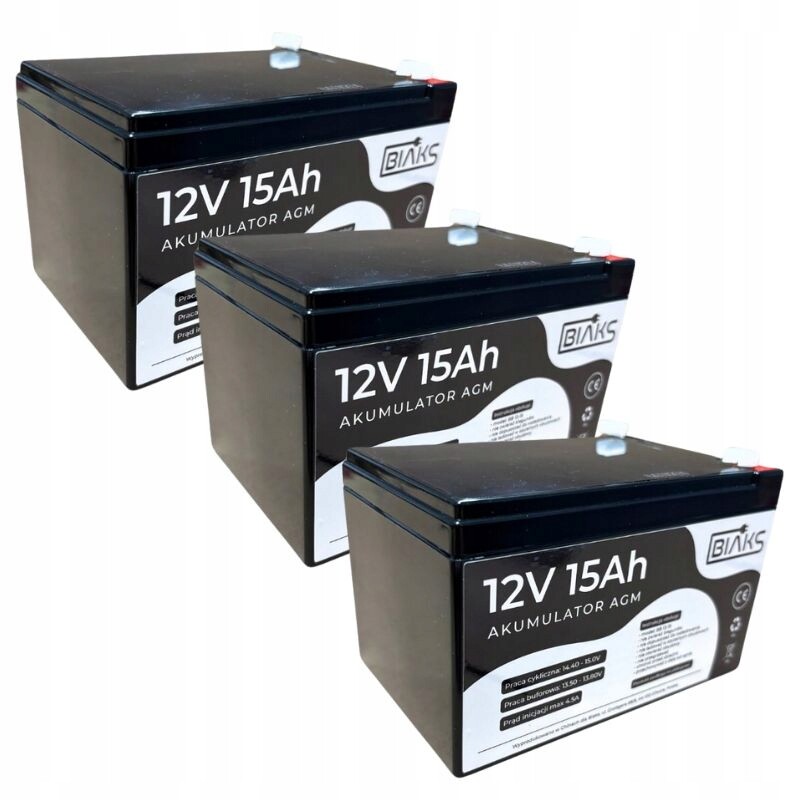 3x Akumulátor Agm 12V 15Ah Biaks (rozměr 10Ah 12Ah 14Ah) pro solární Ups alarm