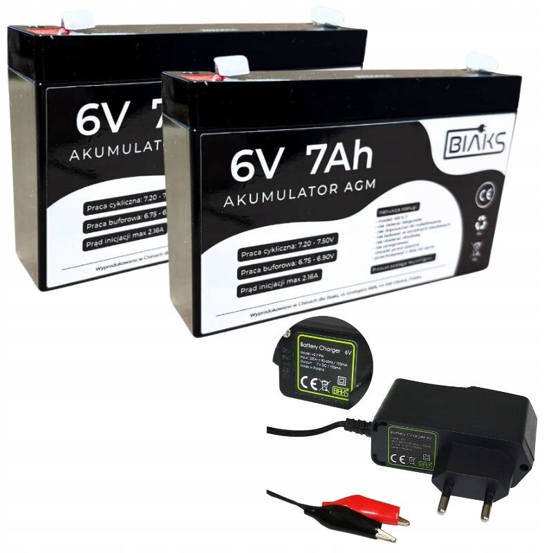 Set 2x Akumulátor Agm 6V 7Ah Biaks (rozměr 7.2Ah) nabíječka 12V Zástrčka