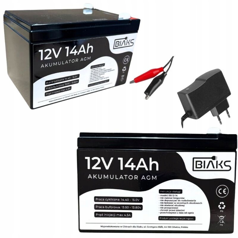 Akumulátor Agm 12V 14Ah Biaks (rozměr 10Ah 12Ah 15Ah) kompletní nabíječka Pw