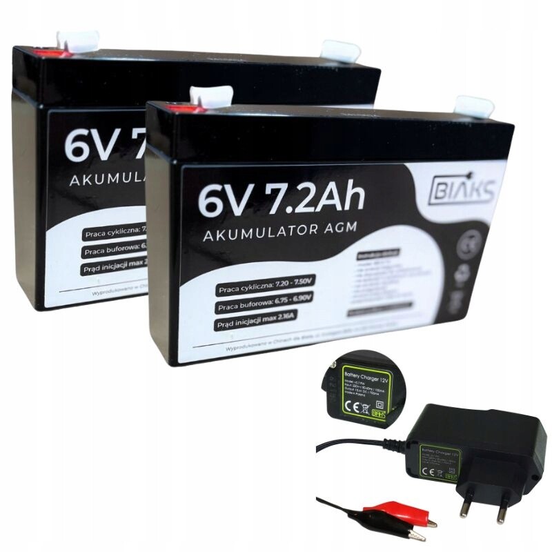 Set 2x Akumulátor Agm 6V 7.2Ah Biaks (rozměr 7Ah) nabíječka 12V Pw