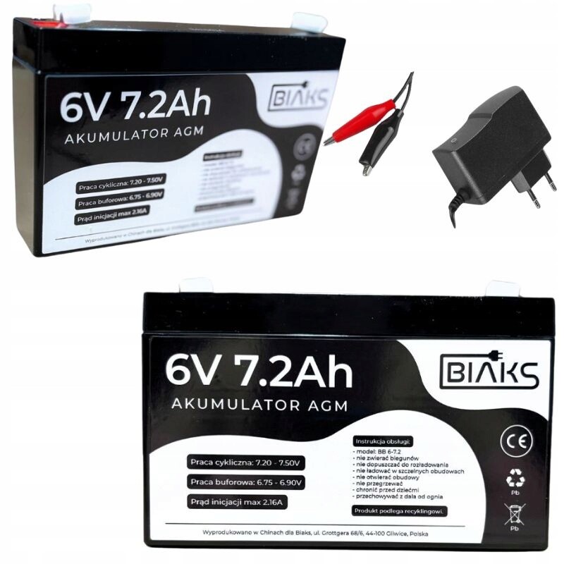 Akumulátor Agm 6V 7.2Ah Biaks (rozměr 7Ah) kompletní nabíječka Pw Ups alarm