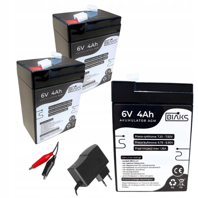 2x Akumulátor Agm 6V 4Ah Biaks (rozměr 4.5Ah 5Ah) kompletní nabíječka 12V Pw