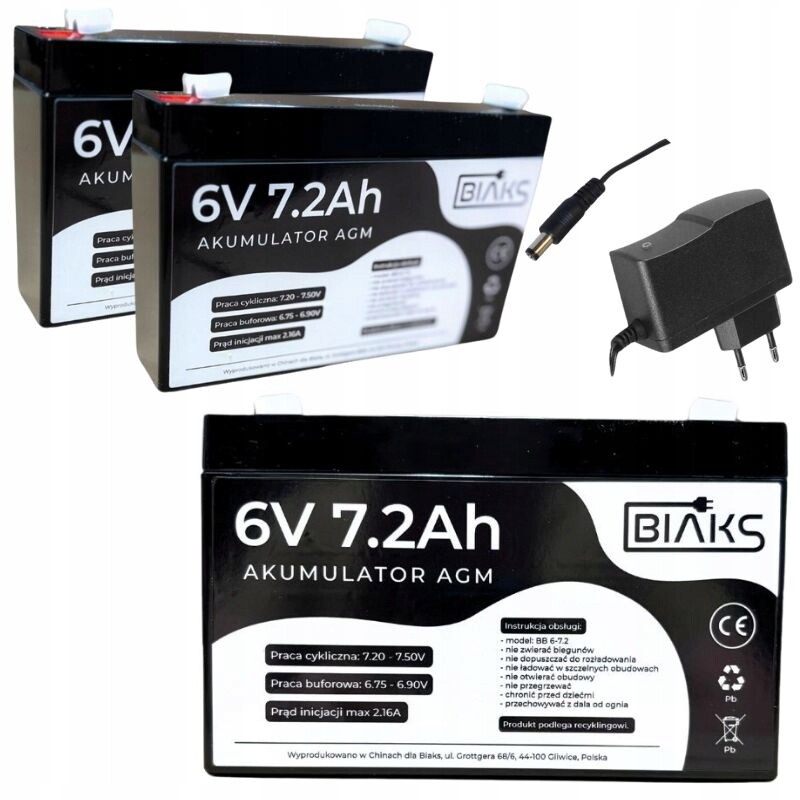 2x Akumulátor Agm 6V 7.2Ah Biaks (rozměr 7Ah) komplet nabíječka 6V DC Konektor