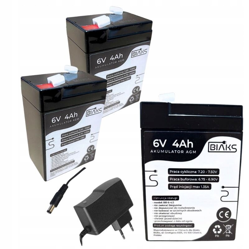 2x Akumulátor Agm 6V 4Ah Biaks (rozměr 4.5Ah 5Ah) kompletní nabíječka 6V Zástrčka