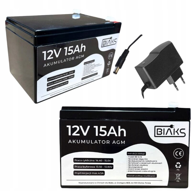 Akumulátor Agm 12V 15Ah Biaks (rozměr 10Ah 12Ah 14Ah)kompletní nabíječka S Konektorem