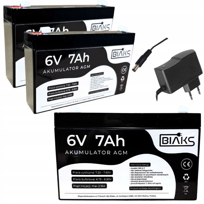 2x Akumulátor Agm 6V 7Ah Biaks (rozměr 7.2Ah) komplet s nabíječkou 12V Zástrčka
