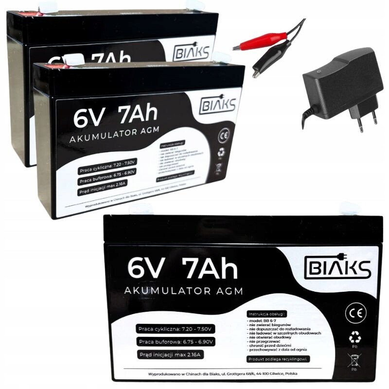 2x Akumulátor Agm 6V 7Ah Biaks (rozměr 7.2Ah) komplet s nabíječkou 6V Pw Ups