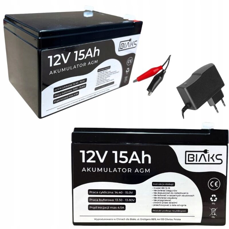 Akumulátor Agm 12V 15Ah Biaks (rozměr 10Ah 12Ah14Ah) kompletní nabíječka Pw