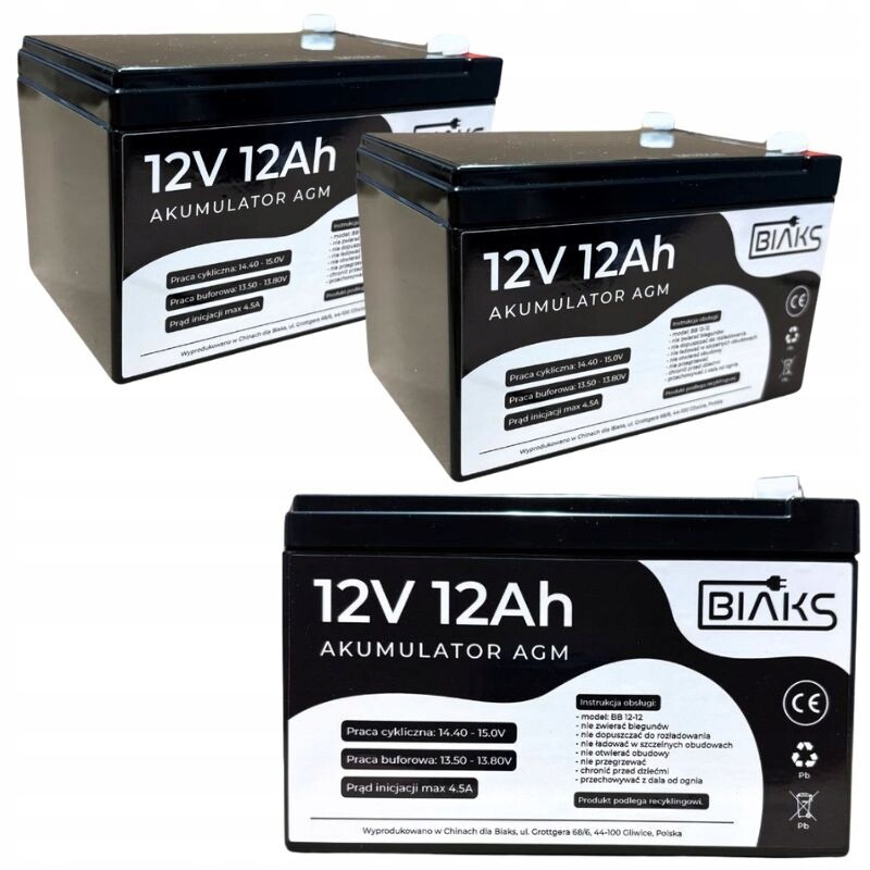 2x Akumulátor Agm 12V 12Ah Biaks (rozměr 10Ah 14Ah 15Ah) pro solární Ups Cctv