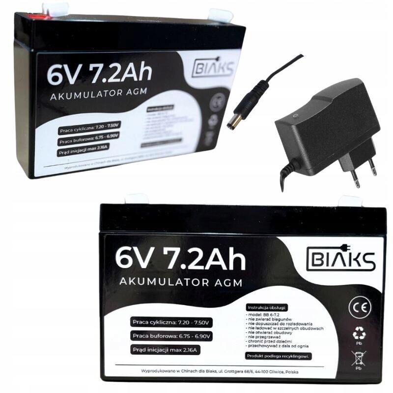 Akumulátor Agm 6V 7.2Ah Biaks (rozměr 7Ah) kompletní nabíječka DC Cctv