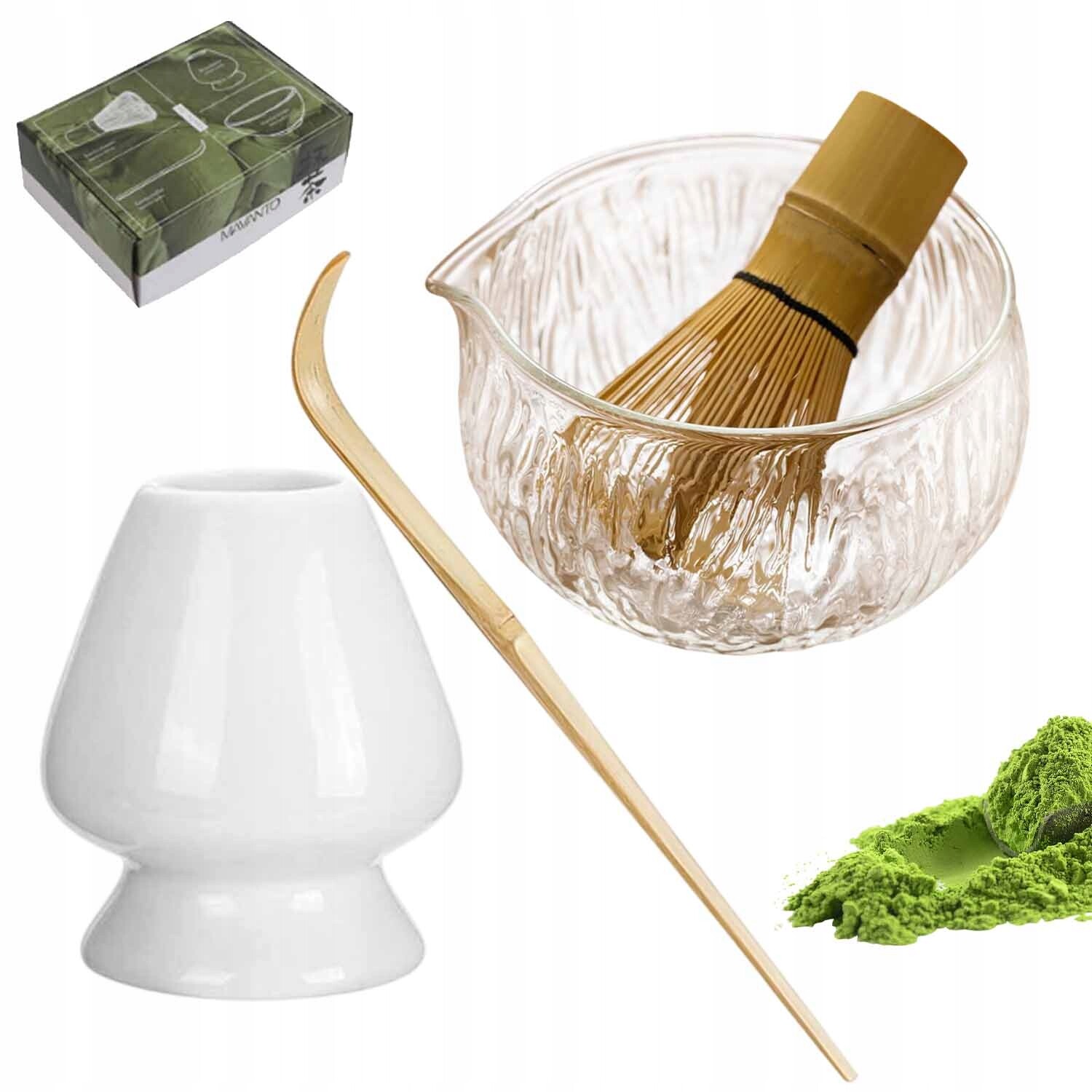 4 x Dárková sada na čaj matcha šálek metla, podstavec, lžička