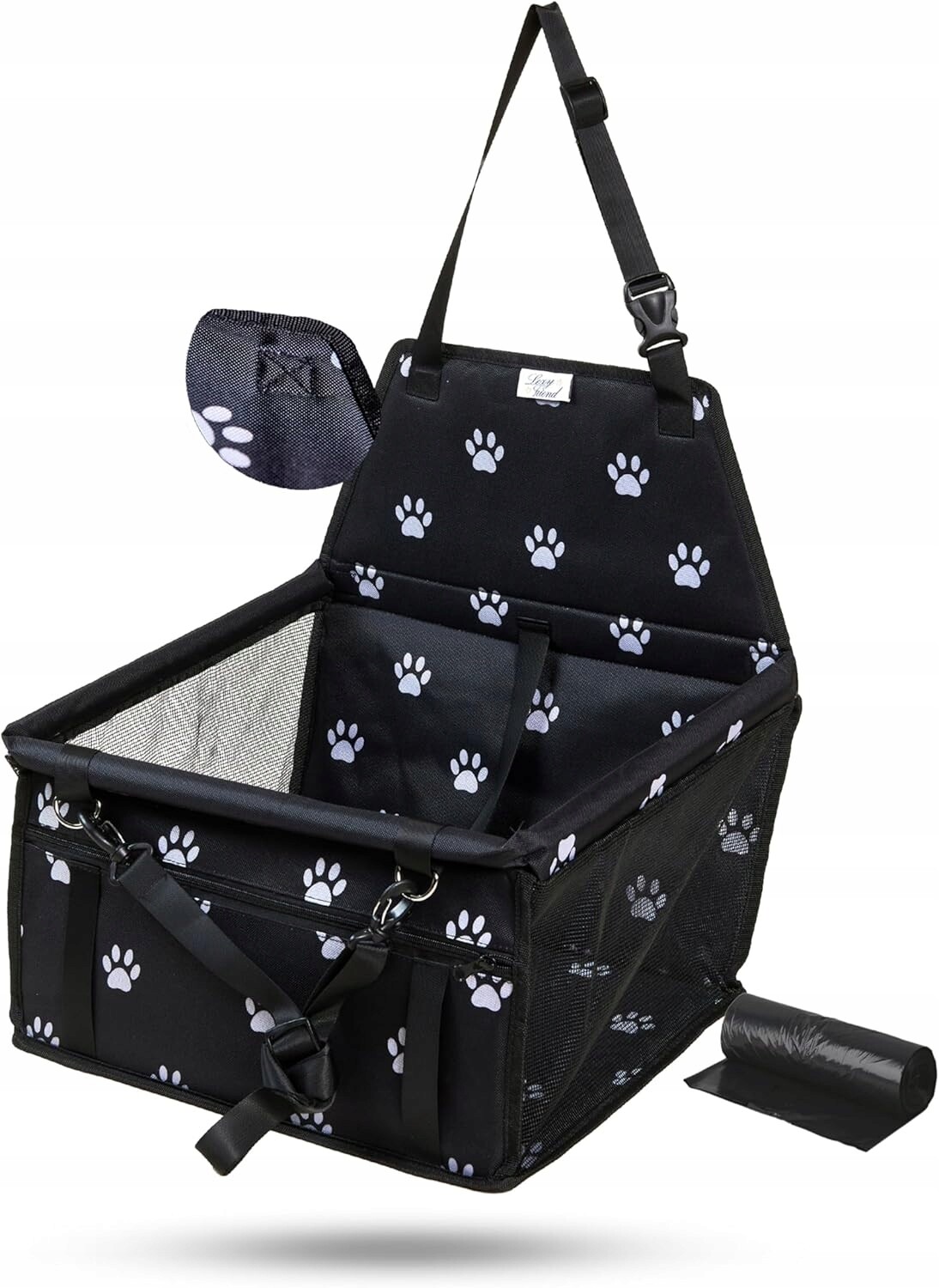 Přepravka pro psa do 10 kg do auta, autosedačka, barva černá, vzor tlapky