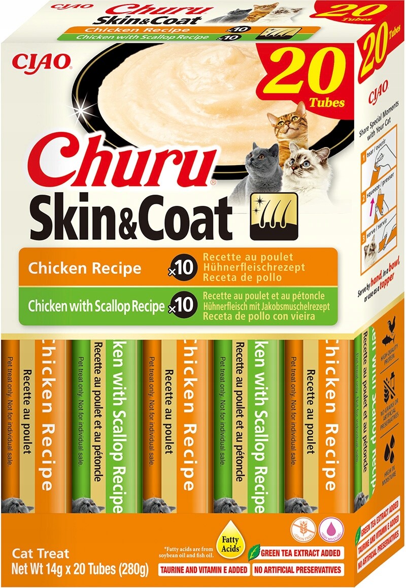 Churu Skin&Coat pro kočky – Kuře a kuřecí maso s hřebenatkami 20 x 14 g