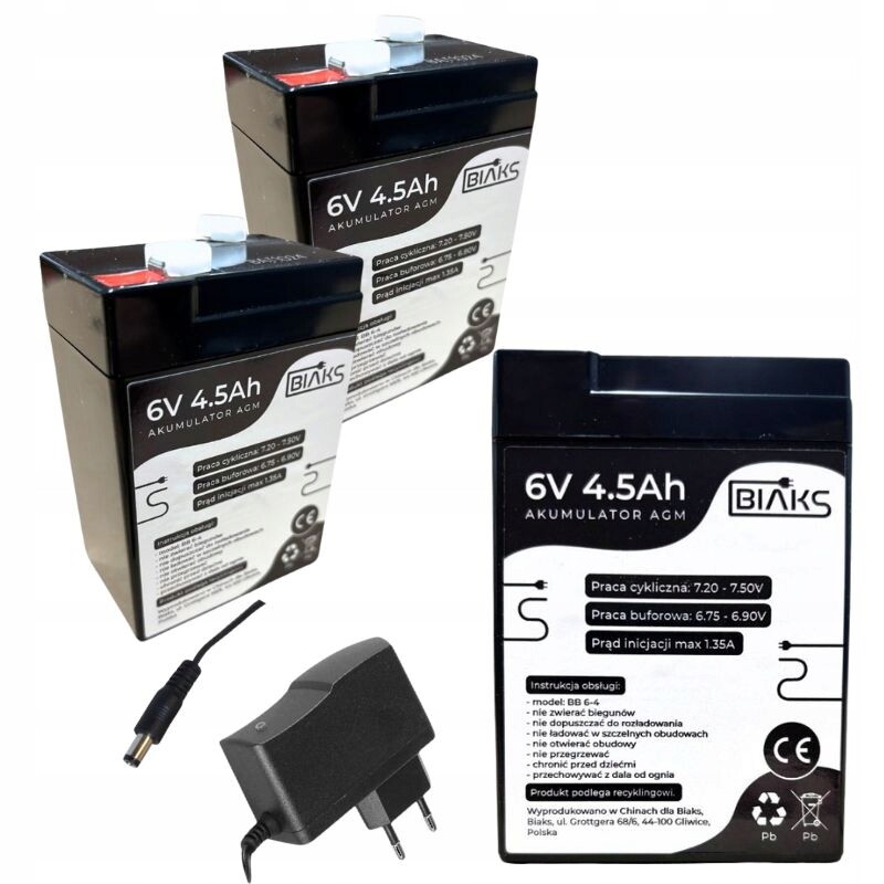 2x Akumulátor Agm 6V 4,5Ah Biaks (rozměr 4Ah 5Ah) komplet nabíječka 6V zástrčka