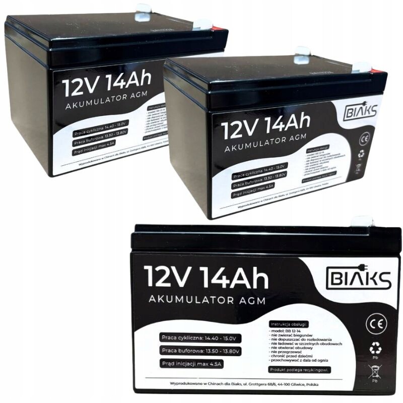 2x Akumulátor Agm 12V 14Ah Biaks (rozměr 10Ah 12Ah 15Ah) pro solární alarm