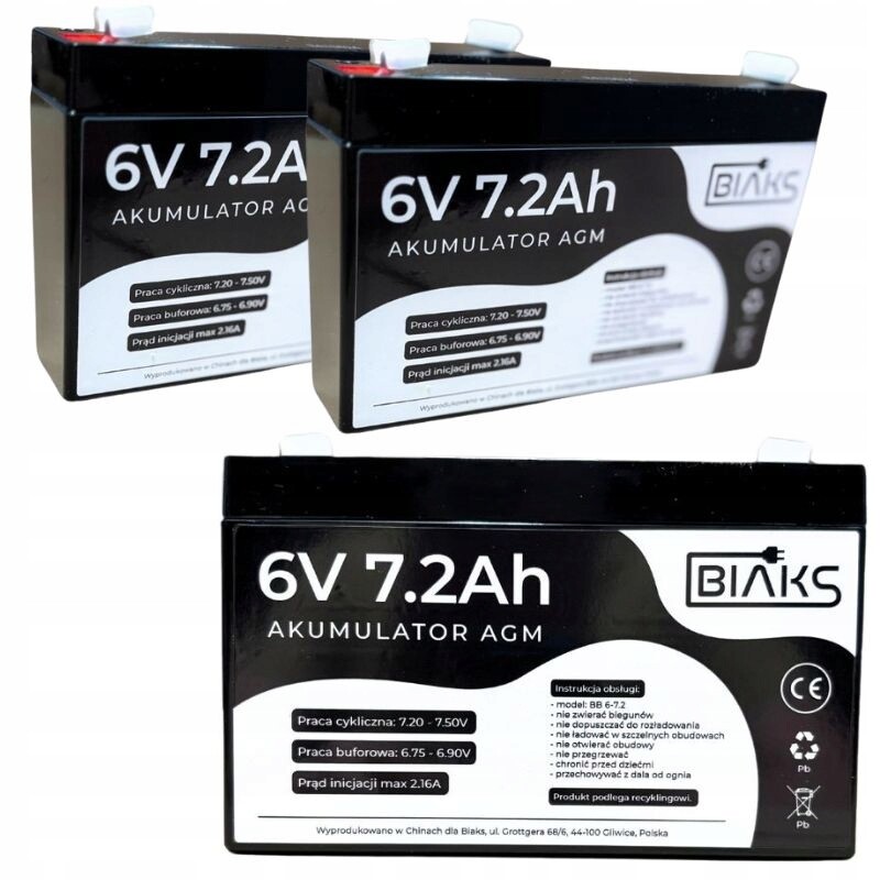 2x Akumulátor Agm 6V 7,2Ah Biaks (rozměr 7Ah) pro Cctv alarm, váha pokladny Ups