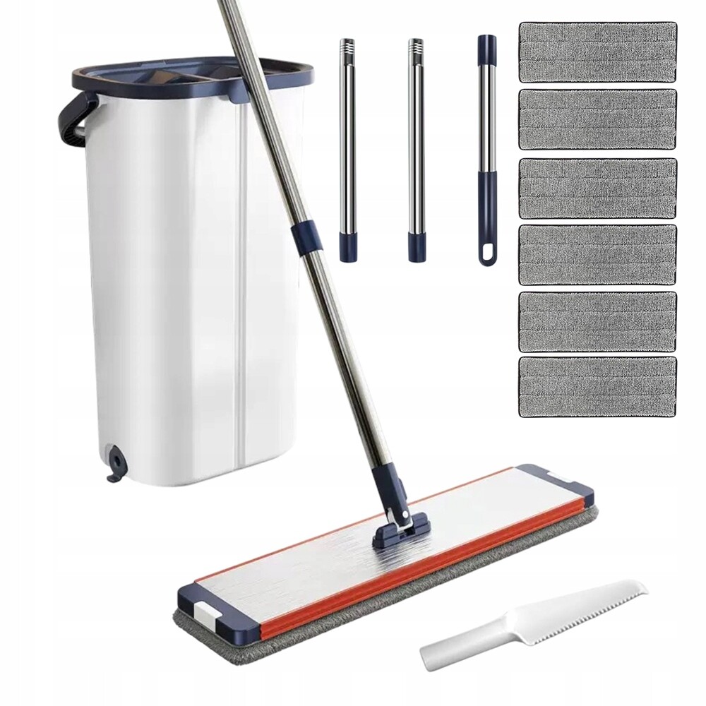 Plochý Rotační Mop S Odšťavňovačem A Kbelíkem, Dvoukomorový, 6 Utěrek