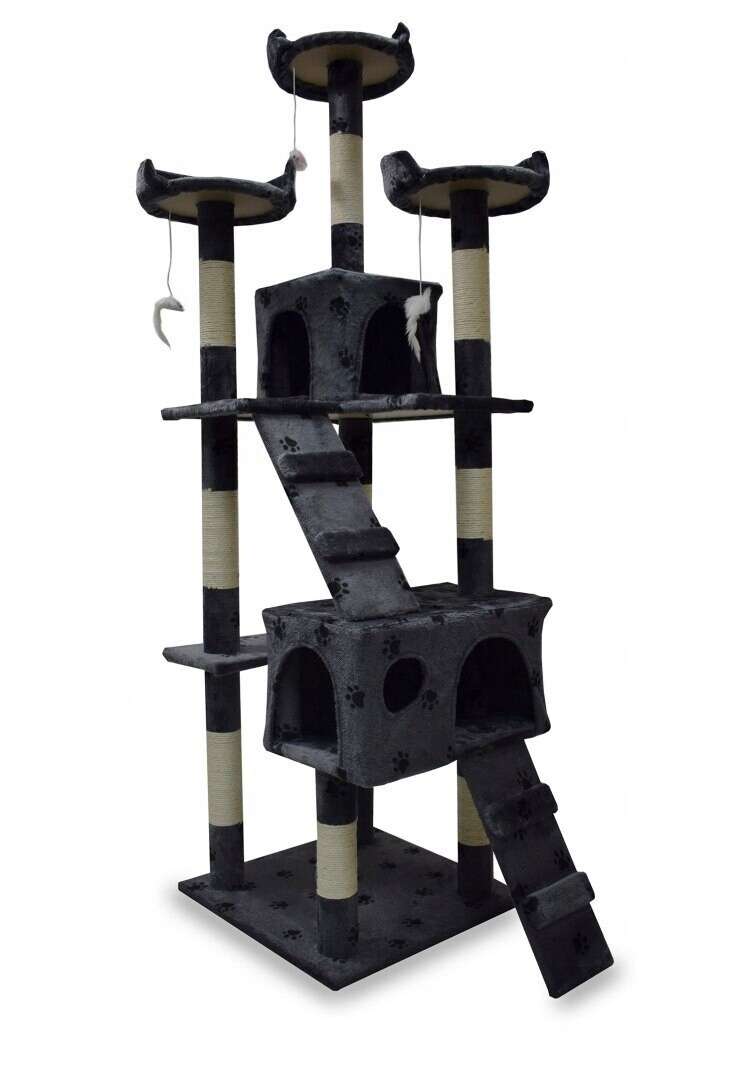 Vysoký škrabák pro kočky Stromek 170 cm Domeček Tmavě šedý s sisalovými tlapkami Slu