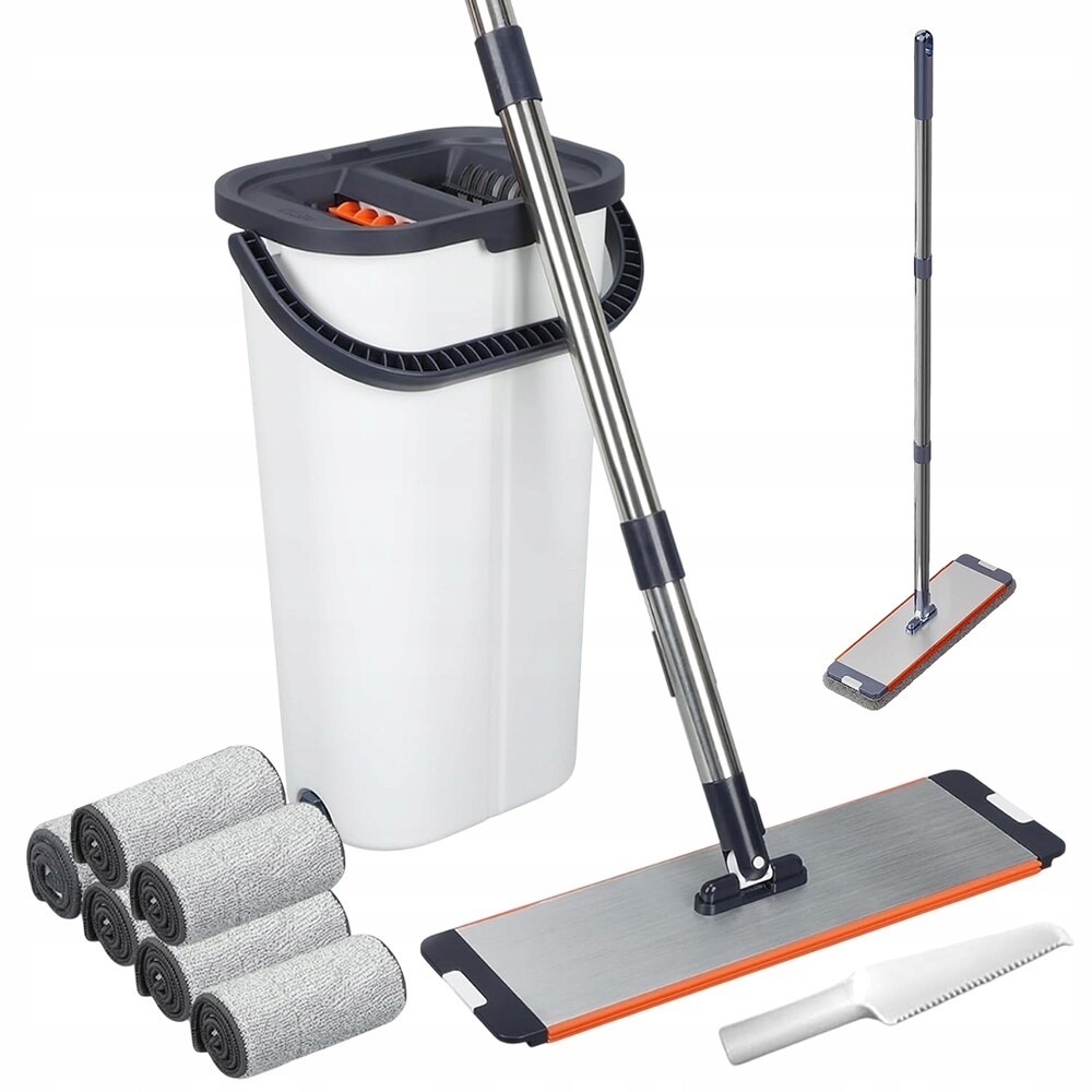 Mop s kýblem Plochý dvoukomorový odšťavňovač 6 vložek z mikrovlákna Sada