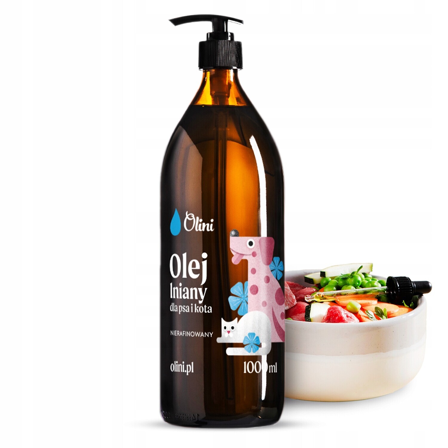 Olej pro zvířata psa kočku lněný, lisovaný za studena na srst Olini