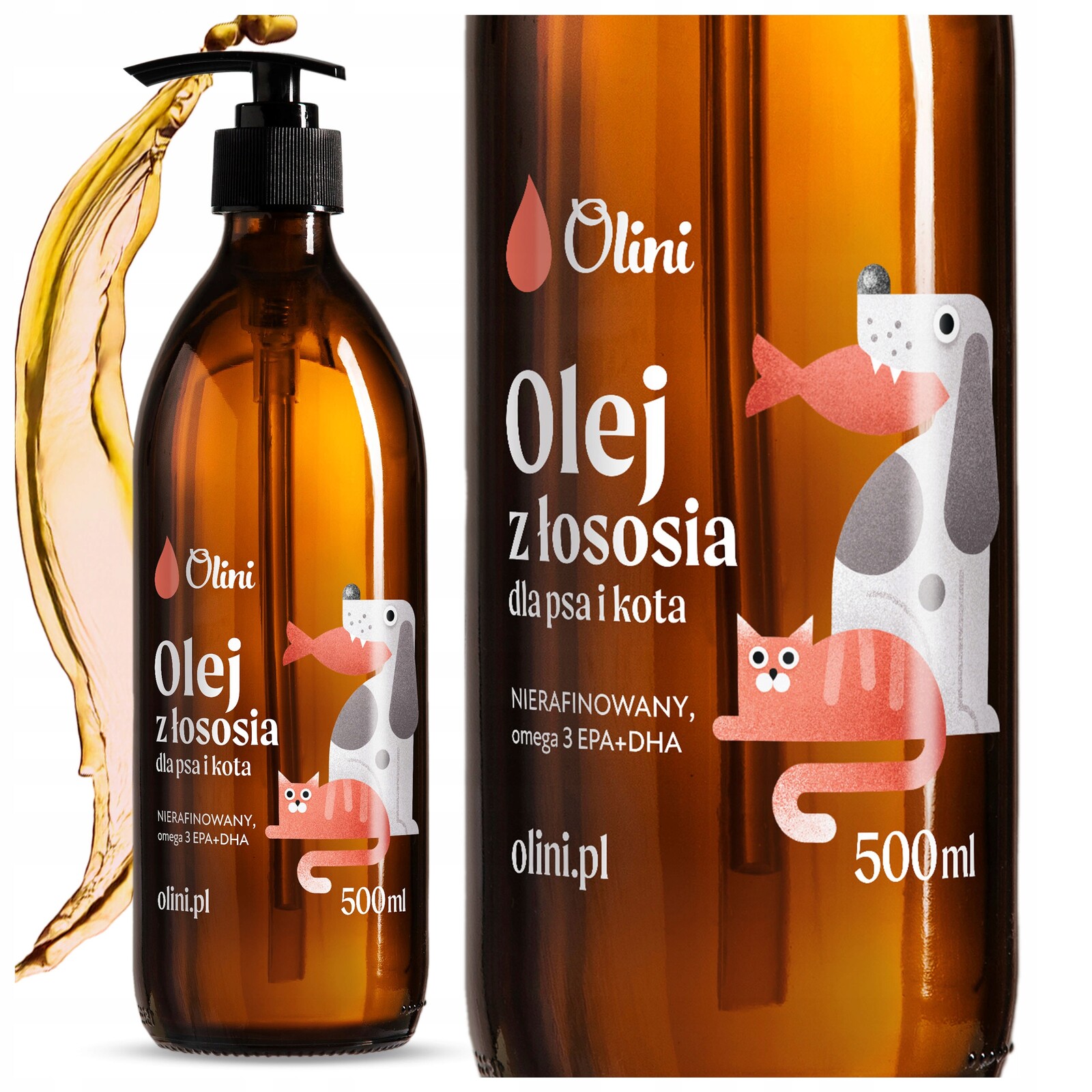 Lososový olej pro psa a kočku Omega-3 lisovaný za studena Olini 500 ml