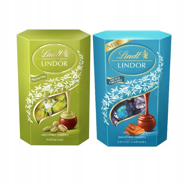 Lindt Pralinky Lindor pistáciové a slaný karamel 2x200g dárek