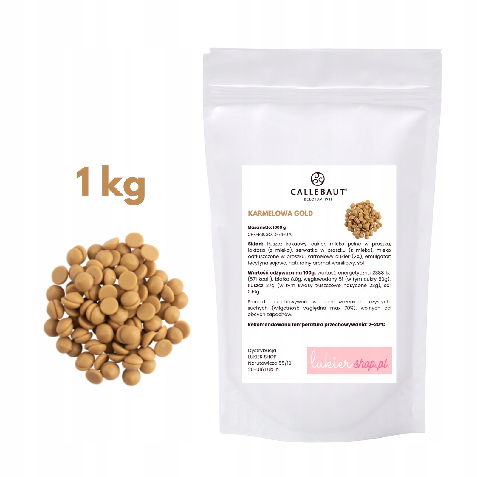 Čokoláda karamelová v kaletkách belgická Callebaut Gold 1 kg 1000 g