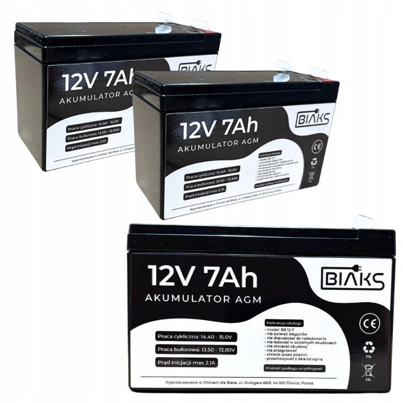 2x Akumulátor Agm 12V 7Ah Biaks (rozměr 7.2Ah 9Ah) pro Ups solární Cctv alarm