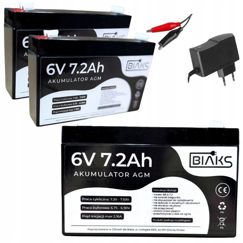 2x Akumulátor Agm 6V 7.2Ah Biaks (rozměr 7Ah) kompletní nabíječka 12V Pw Cctv