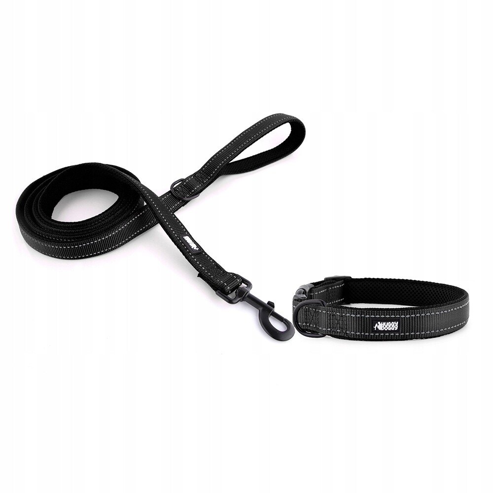 Vodítko a obojek pro psa Černý komplet pro středního psa Huggy Doggy M
