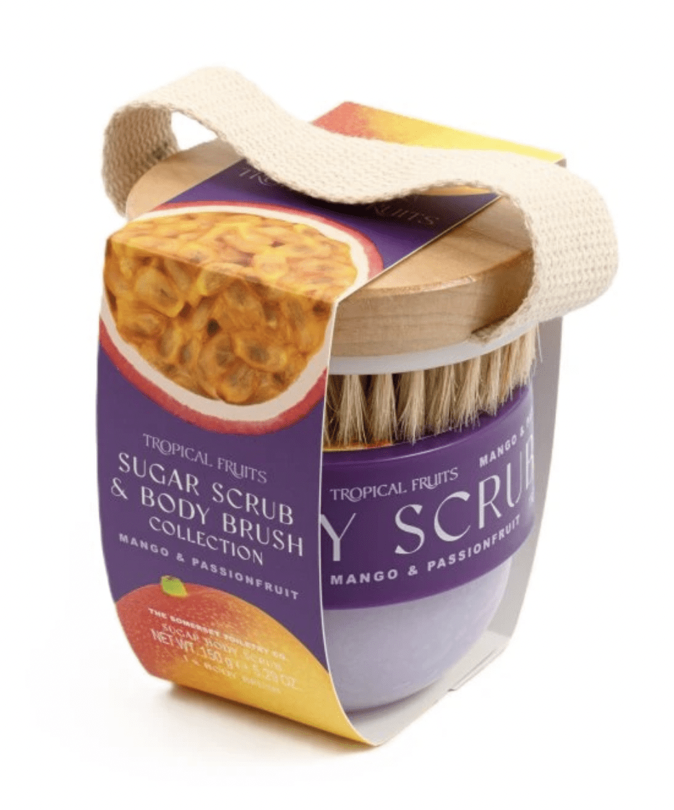 Dárková sada cukrového peelingu a masážního kartáče – Mango & Passionfruit