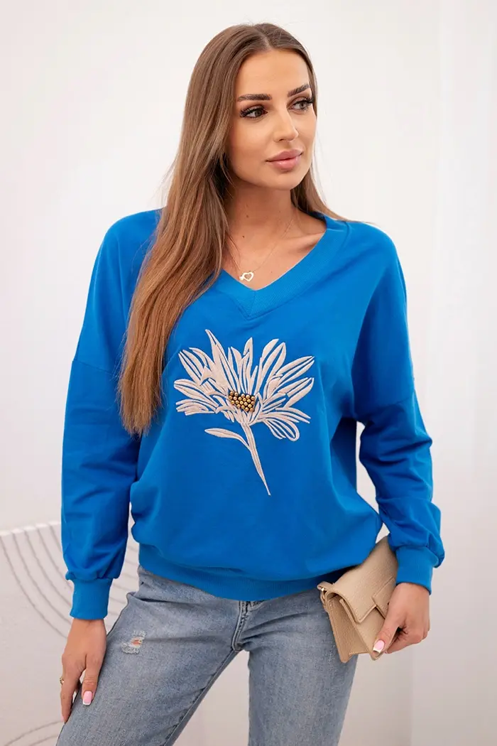 Kesi Dámská mikina s výstřihem do V a vyšívaným květem v modré barvě